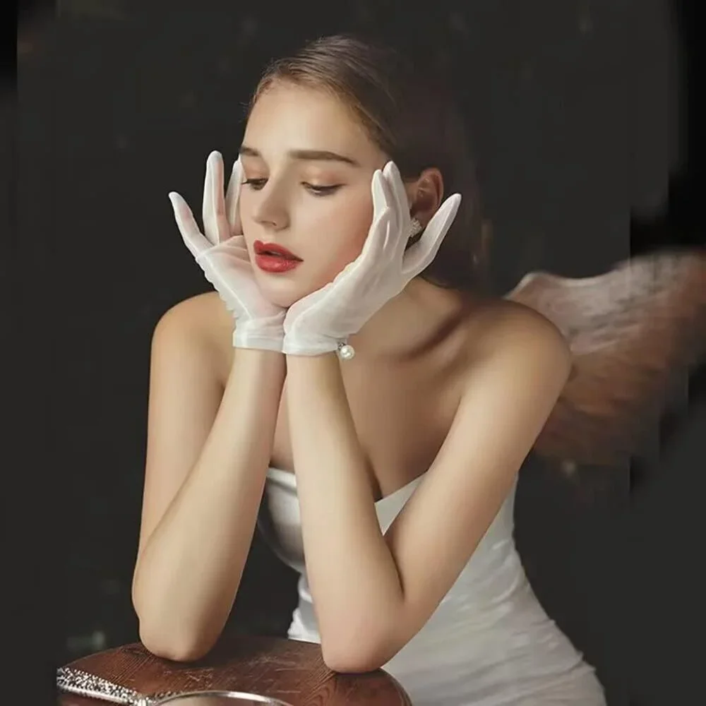Women's White Evening Pearl Short Gloves Wedding Dance Party Tea Accessories